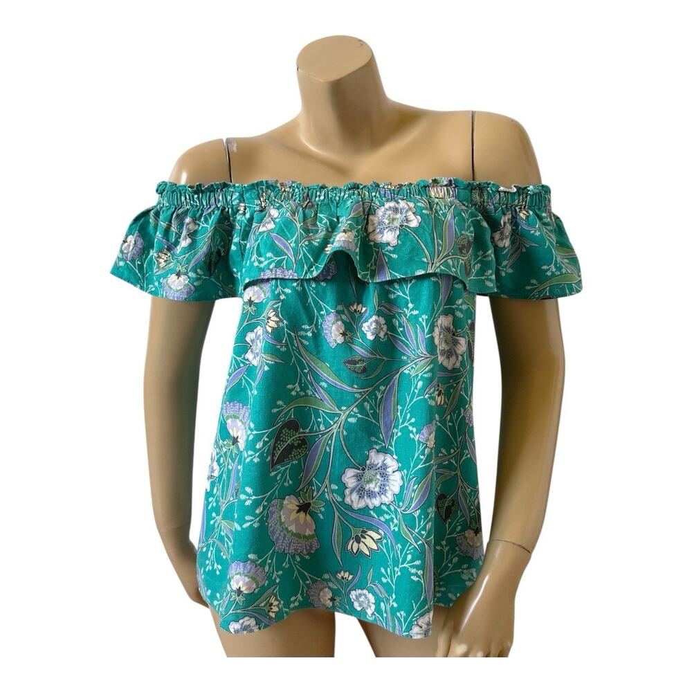 Ann Taylor Loft Top Womens S Teal Floral Linen Blend Ruffle Off Shoulder Blouse